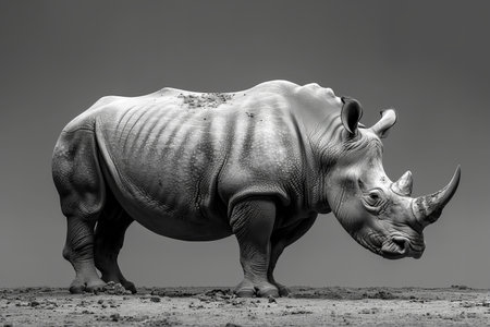 Black and white image of a rhinoceros standing in the desert