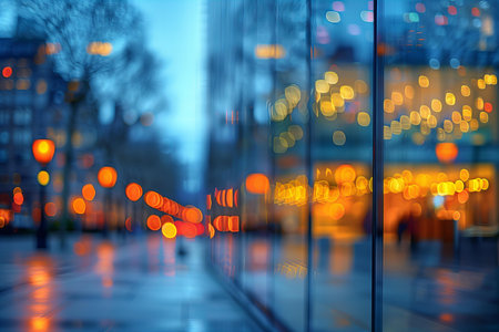 Reflection of city lights on glass wall. Blurred background.