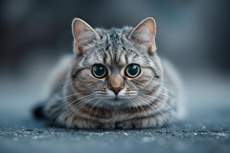 Cute tabby cat with blue eyes lying on the floor.