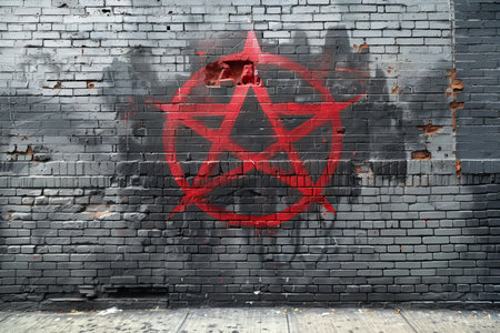 Red pentagram on the brick wall in a room with wooden floorの写真素材