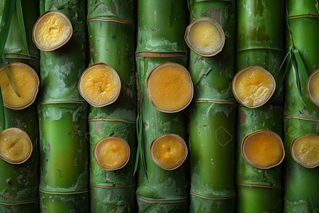 Bamboo background. Top view of green bamboo stems with yellow and orange fruit.の写真素材