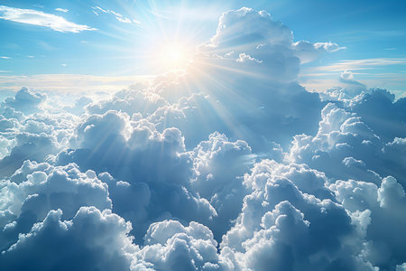 Beautiful view above clouds with sun rays. 3d illustration.