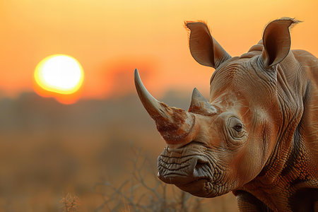 African white rhinoceros (Ceratotherium simum) at sunsetの写真素材