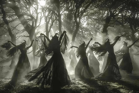 Creepy Halloween scene with witches in the forest, 3d renderの写真素材