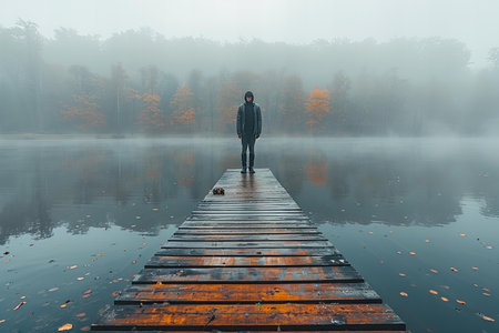Man standing on a wooden pier on a misty lake in autumnの写真素材
