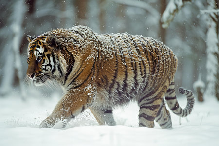 Siberian Tiger running in the snow. Beautiful, dynamic and powerful photo of this majestic animal. Set in environment typical for this amazing animal. Birches and meadowsの写真素材