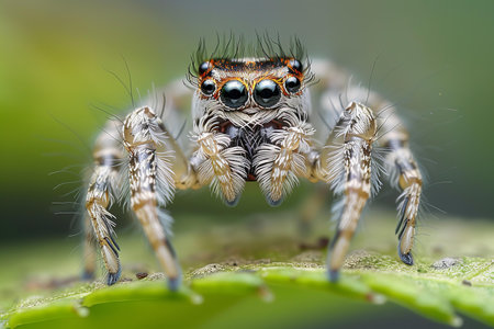 jumping spider close up on green leaf in nature or in the garden