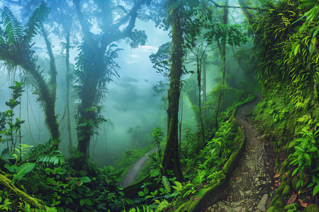 Foggy morning in the rainforest of Costa Rica, Central Americaの写真素材