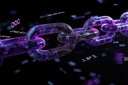 3d render of chain with digital code. Concept of network connection.