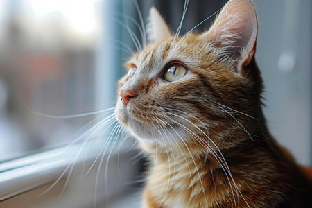 Cute ginger cat looking out the window. Shallow depth of field.