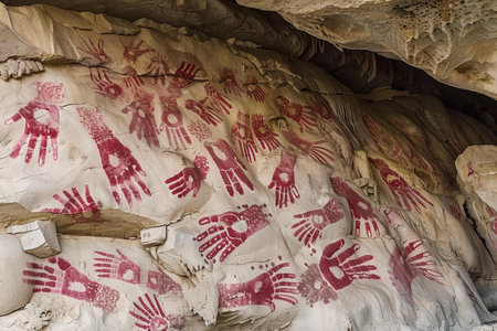 Rock paintings in the cave, close-up of the painting.の写真素材