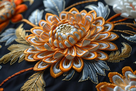 Thai traditional embroidery on the black fabric. Close up.