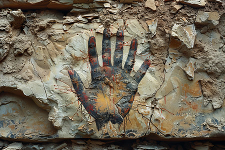 Grunge painted hand on the wall of an abandoned building.の写真素材