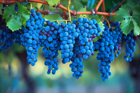 Ripe red wine grapes in vineyard ready for harvest. Winemaking concept