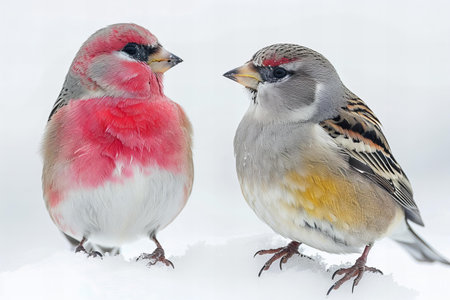 Two red and yellow birds in winter on snow