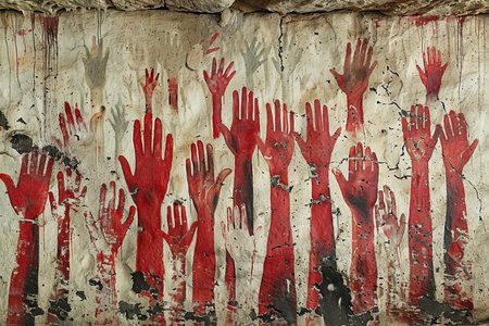 Bloody hands on an old wall. The concept of horror and fear.の写真素材