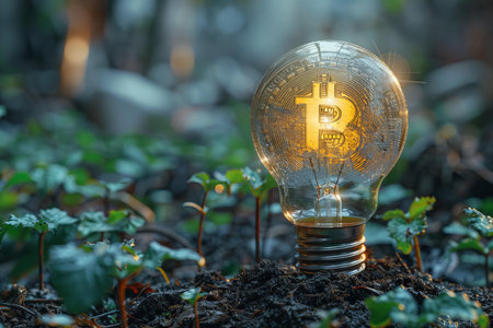 Bitcoin and light bulb on nature background. Cryptocurrency concept.の写真素材