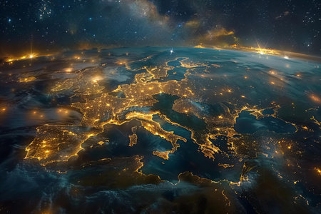 Night view of Europe from space with stars and nebula. 3D rendering