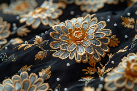 Fabric with embroidery, closeup. Fabric background.の写真素材