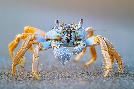 Close-up of a blue crab on a sandy beach in the sun