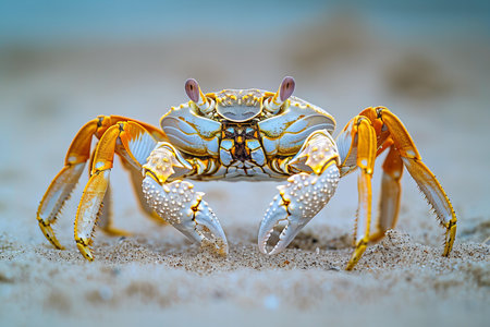 Close up of a yellow sand crab on the beach in Thailand.