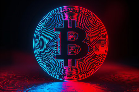 Bitcoin. Cryptocurrency concept. 3D rendering. Neon lights.の写真素材