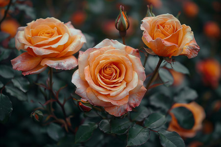 Beautiful orange roses in the garden. Shallow depth of field.の写真素材