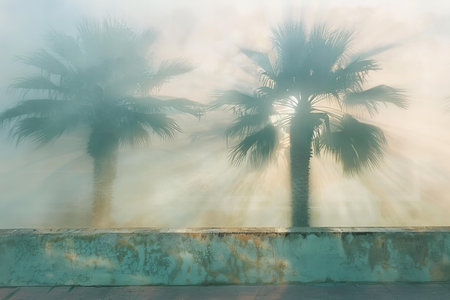 Palm trees in a foggy morning on the pier, tonedの写真素材