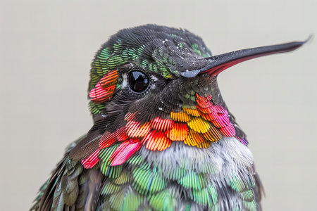 Close up shot of a beautiful hummingbird with colorful patterns on the feathers