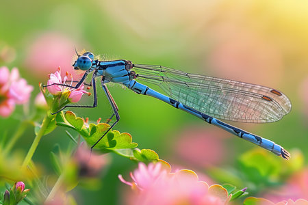 Close up of blue damselfly on a flower. Nature background