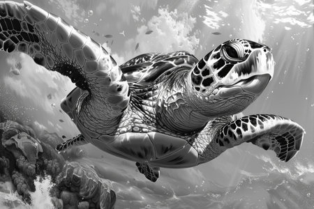Green sea turtle swimming in the ocean. 3d render illustration.