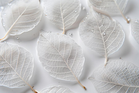 White leaves with water drops on white background. Minimal concept.