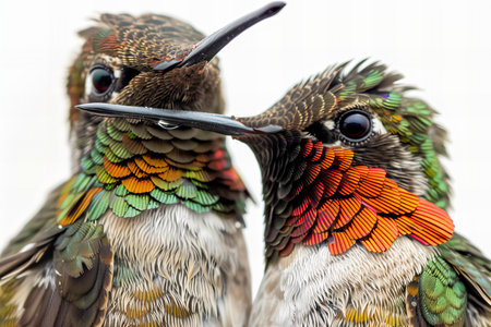 Close up shot of a pair of beautiful hummingbirds with colorful feathers