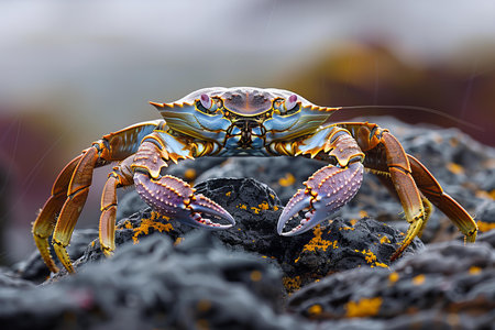Close-up of a blue crab on black volcanic sand with blurred background