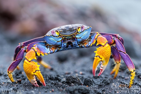 Blue and yellow rock crab on black sand in Hawaii Volcanoes National Park