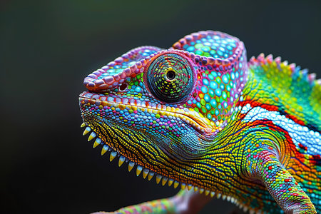 Colorful chameleon on dark background. Close-up.