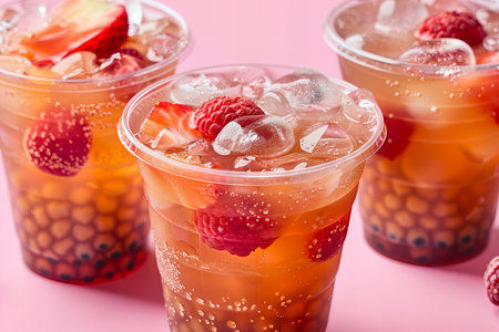 Ice tea with berries in plastic cups on pink background, closeup