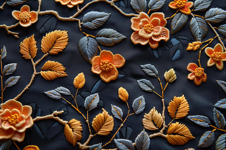 Fabric with a pattern of flowers and leaves on a black background