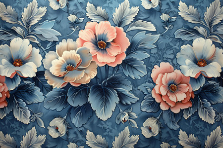 Vintage floral background with blue and orange flowers. 3d rendering