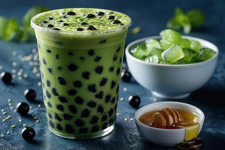 Iced matcha green tea with chia seeds and honey.
