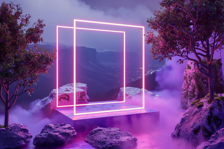 Neon frame against misty landscape in a room with a waterfall