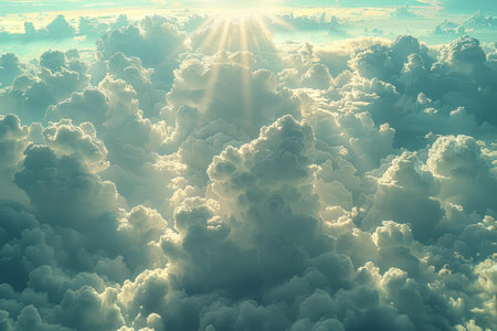 Aerial view of beautiful cloudscape with sun ray. Nature background