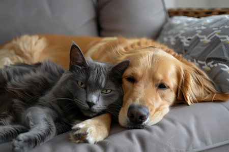 Cute dog and cat lying together on sofa at home, closeupの写真素材