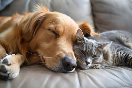 Cute dog and cat sleeping together on sofa in living room, closeup