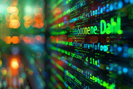 3d rendering of abstract computer screen with binary code and bokeh lights