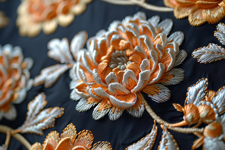 Close up detail of hand embroidery on black silk dress.の写真素材