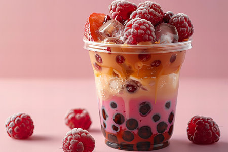 Frozen yogurt with berries in a cup on a pink background.の写真素材