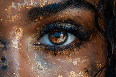 Close-up of a beautiful woman's eye with golden makeup.
