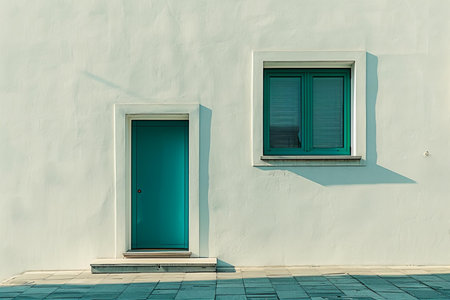 Green door and window on a white wall of a house in Portugal
