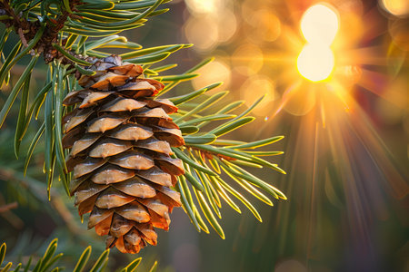 Pine cone on the branches of a pine tree in the rays of the setting sunの写真素材